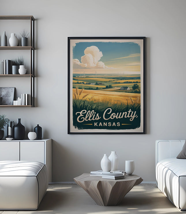 Vintage Ellis County, Kansas travel poster with wheat fields and clouds.
