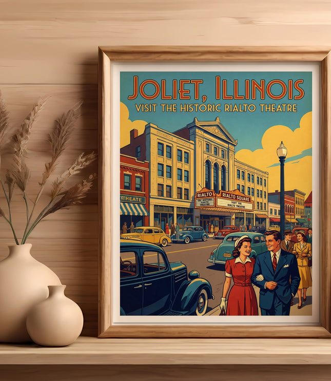 Vintage poster of Joliet, Illinois, featuring the Rialto Theatre and a couple on the street.