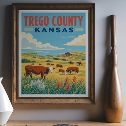 Vintage poster of Trego County, Kansas with cows in a grassy field.