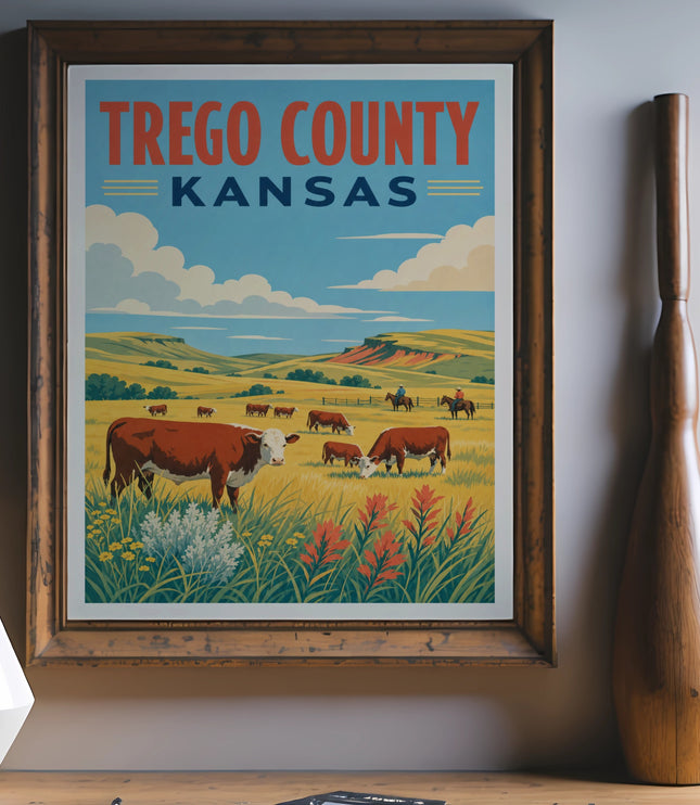 Vintage poster of Trego County, Kansas with cows in a grassy field.