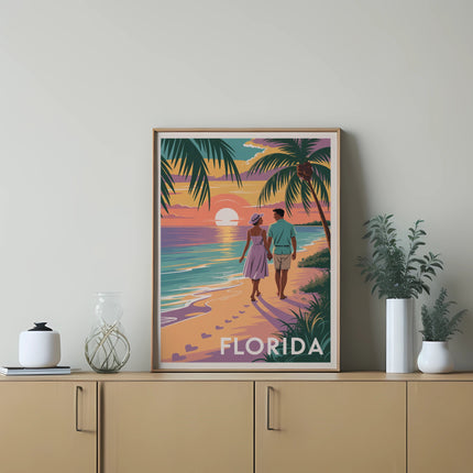Couple walking on a beach with palm trees and a "Florida" sunset.