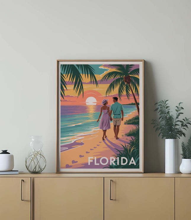 Couple walking on a beach with palm trees and a "Florida" sunset.