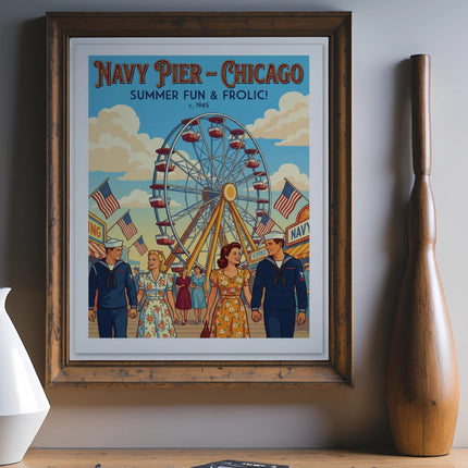 Navy Pier Chicago Ferris wheel and people, "Summer Fun & Frolic!"