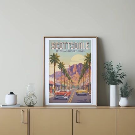 Scottsdale Arizona Desert Jewel poster with vintage cars and palm trees.