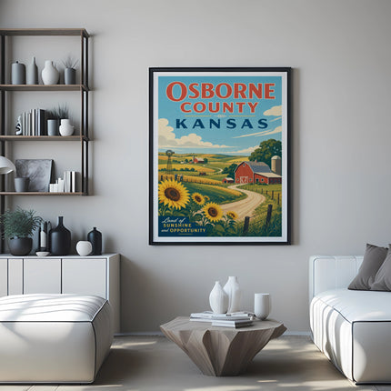 Osborne County, Kansas travel poster with farm, sunflowers, and windmills.