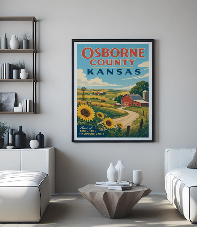Osborne County, Kansas travel poster with farm, sunflowers, and windmills.
