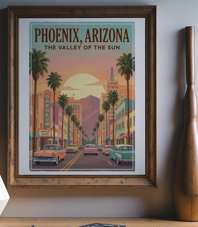 Phoenix, Arizona retro poster with vintage cars and palm trees.