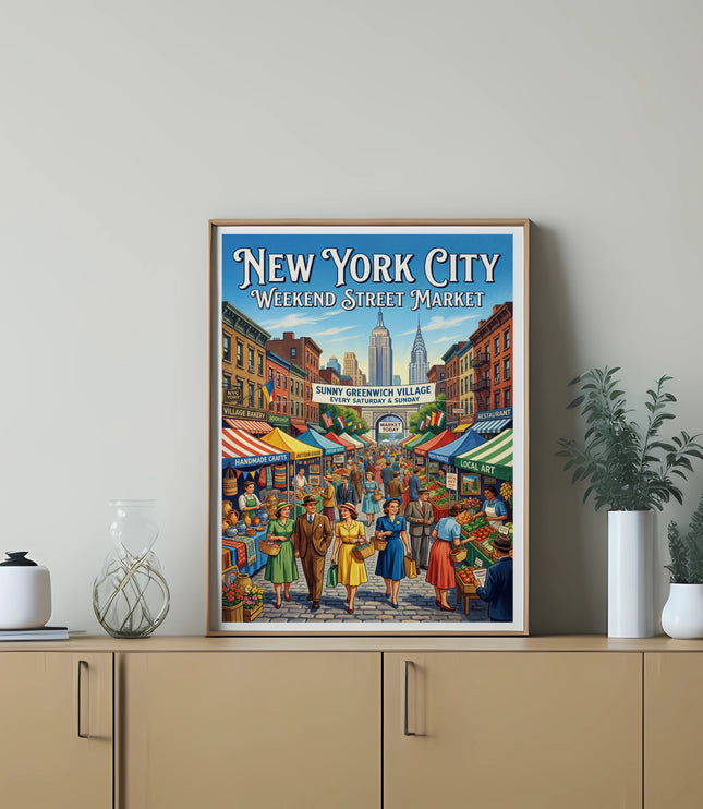 Poster of New York City Weekend Street Market with people and stalls.