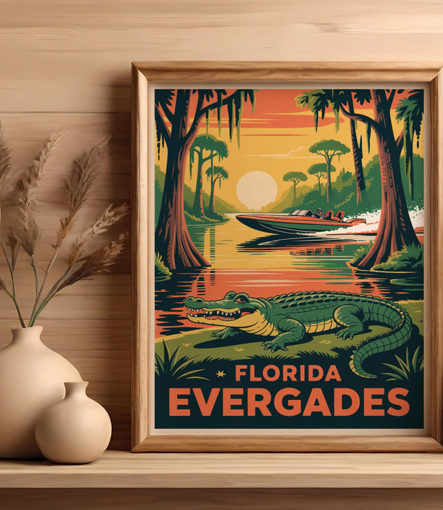 Framed Florida Everglades poster with alligator and boat beside decorative vases.