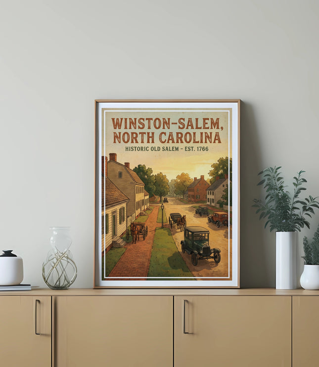 Winston-Salem, North Carolina Historic Old Salem Est. 1766 artwork with vintage cars and horse-drawn carriage.