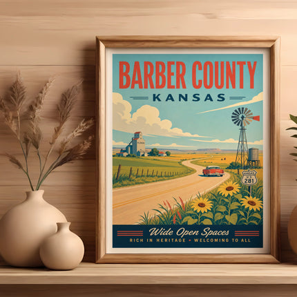 Barber County, Kansas poster with windmill, sunflowers, and highway sign.