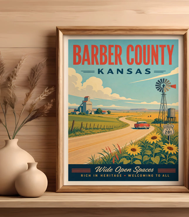 Barber County, Kansas poster with windmill, sunflowers, and highway sign.