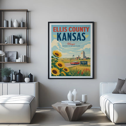 Vintage Ellis County Kansas poster with sunflowers and a retro car.