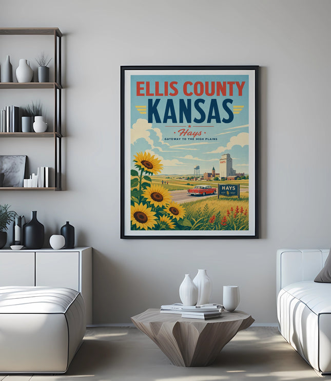Vintage Ellis County Kansas poster with sunflowers and a retro car.