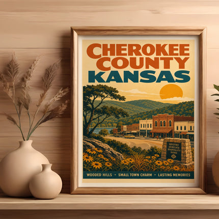 Poster for Cherokee County, Kansas with vintage town scene and informational text.