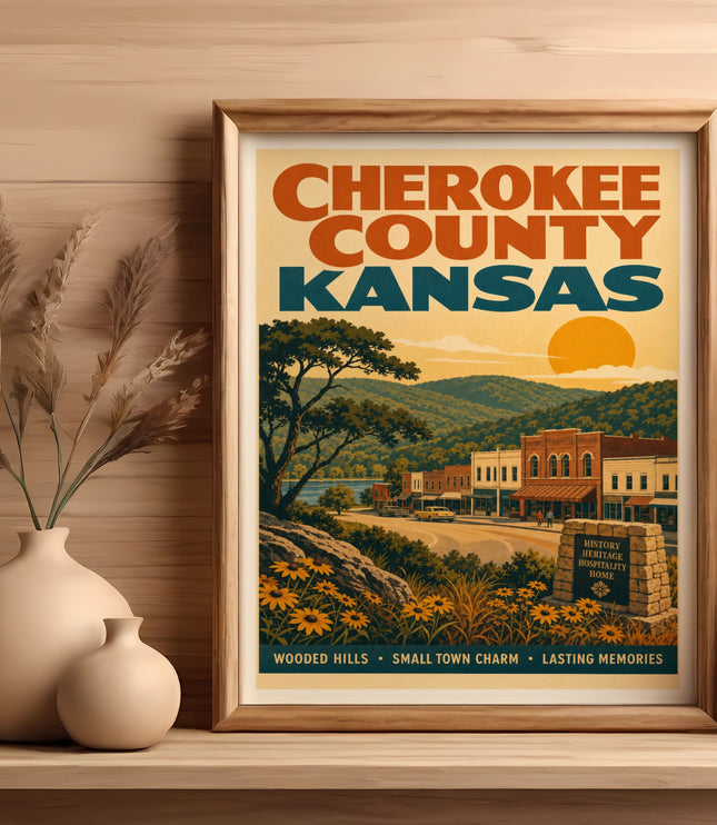 Poster for Cherokee County, Kansas with vintage town scene and informational text.