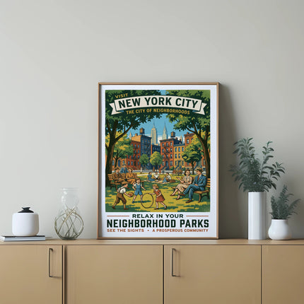 New York City vintage travel poster with park scene and text.