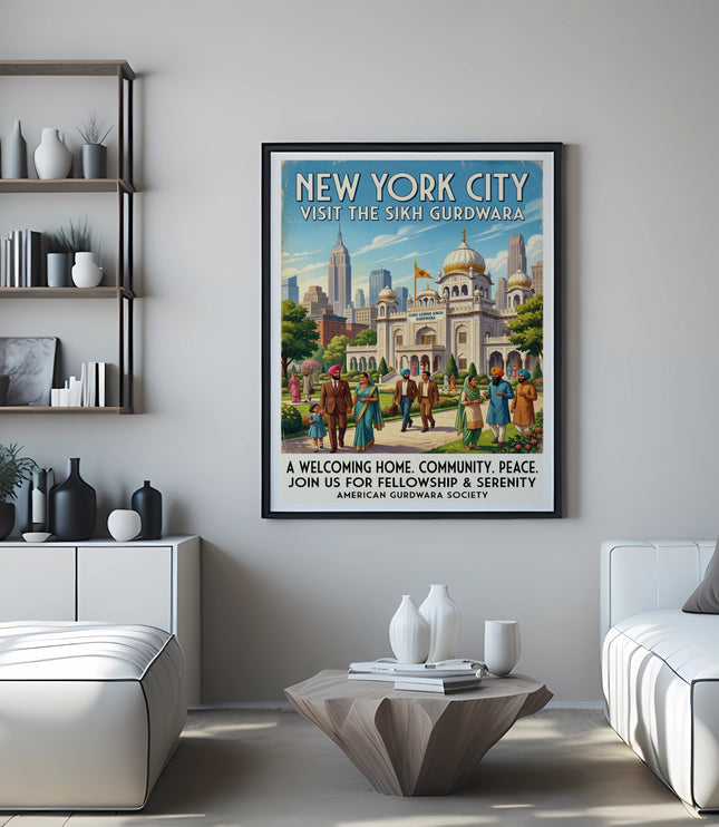 New York City poster depicting the Sikh Gurdwara and text.