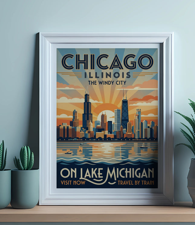 Chicago Illinois skyline on Lake Michigan vintage travel poster, "The Windy City."