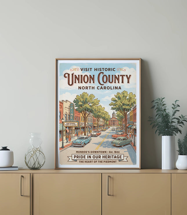 Retro poster of Union County North Carolina, featuring Monroe's historic downtown.