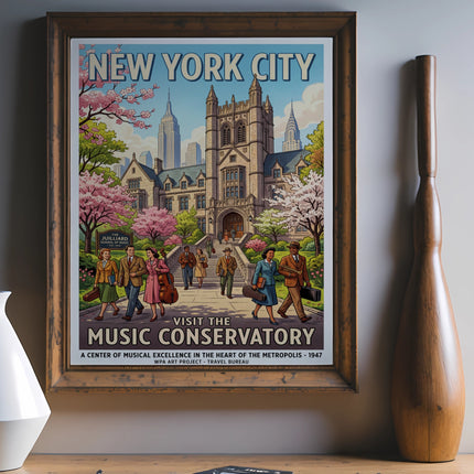 Vintage travel poster of Juilliard School in New York City promoting music conservatory.