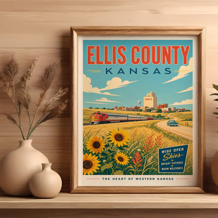 Vintage Ellis County, Kansas travel poster featuring train, sunflowers, and text.