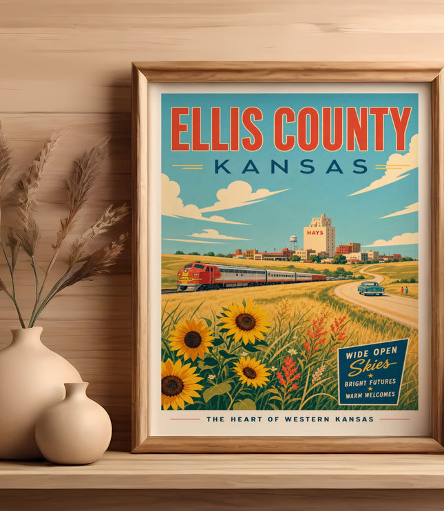 Vintage Ellis County, Kansas travel poster featuring train, sunflowers, and text.