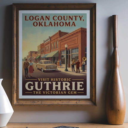 Vintage poster for Logan County, Oklahoma, featuring Guthrie, the Victorian Gem.