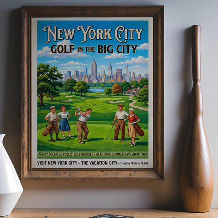 New York City golf poster featuring skyline and golfers.