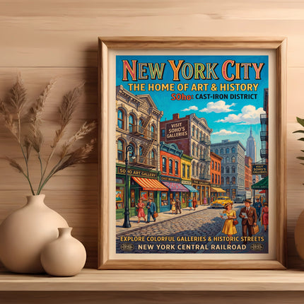 Vintage New York City poster featuring colorful buildings and text: "SOHO: CAST-IRON DISTRICT".