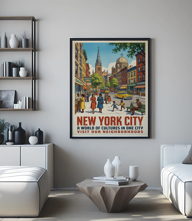 New York City vintage travel poster with text: "New York City, A World of Cultures in One City, Visit Our Neighborhoods".