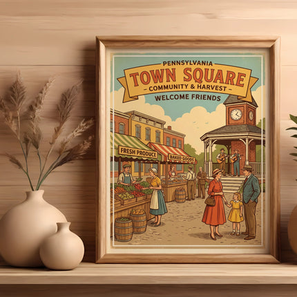 Vintage town square illustration with farmers market stalls and people.