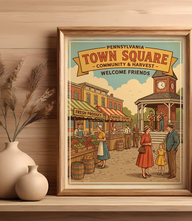 Vintage town square illustration with farmers market stalls and people.