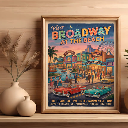 "Broadway at the Beach" poster with vintage cars, people, Ferris wheel, and text.