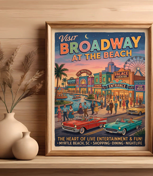 "Broadway at the Beach" poster with vintage cars, people, Ferris wheel, and text.