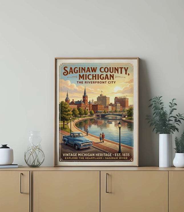 Saginaw County, Michigan, the riverfront city, vintage heritage poster.