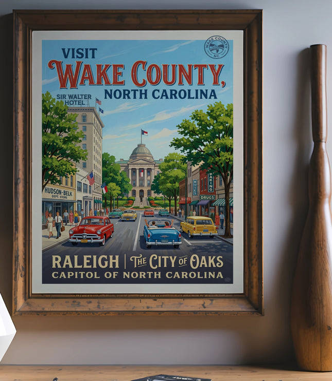 Vintage poster for Wake County, North Carolina, featuring Raleigh.