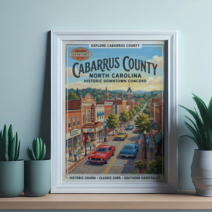 Cabarrus County, North Carolina, historic downtown Concord poster with classic cars.