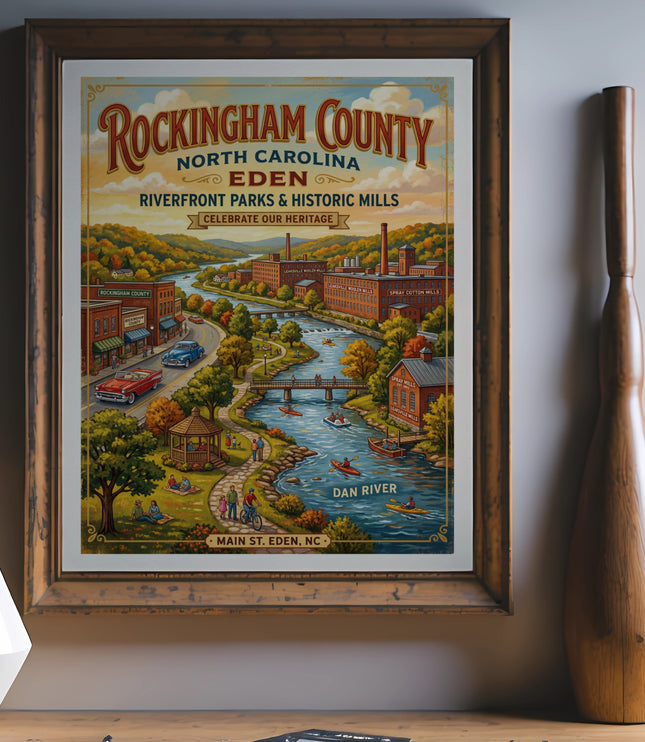 Vibrant poster of Rockingham County, North Carolina, featuring the Dan River with mills and parks.