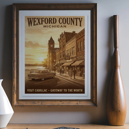 Wexford County, Michigan artwork featuring Cadillac street scene with vintage car and shops.
