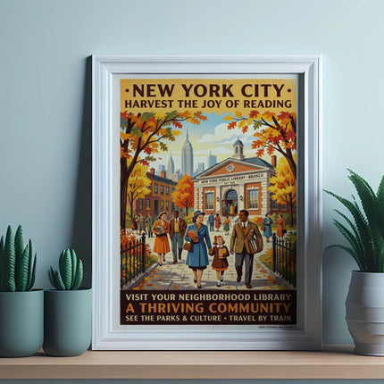 New York City poster with library, people, and autumn scene.