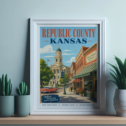 Republic County Kansas poster with Belleville street scene and text.
