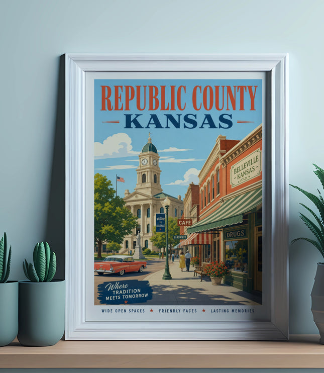 Republic County Kansas poster with Belleville street scene and text.