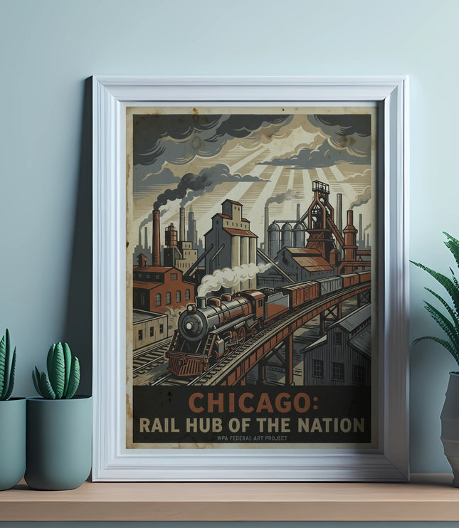 Vintage poster "Chicago: Rail Hub of the Nation" with train and industry.