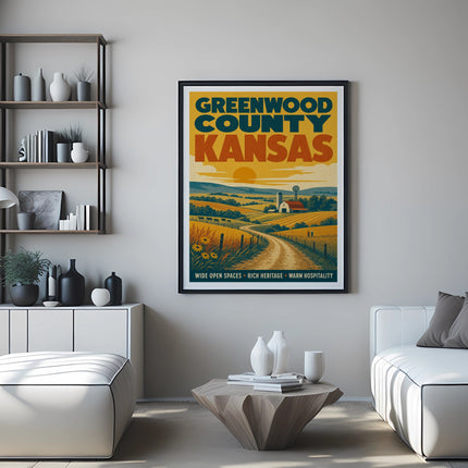 Greenwood County Kansas vintage travel poster with farm landscape.