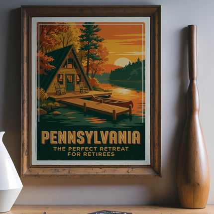 Vintage Pennsylvania travel poster showing a lake cabin and canoe.
