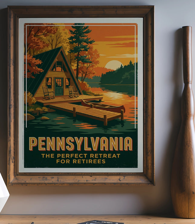 Vintage Pennsylvania travel poster showing a lake cabin and canoe.