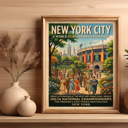 New York City tennis poster with vintage artwork and text.