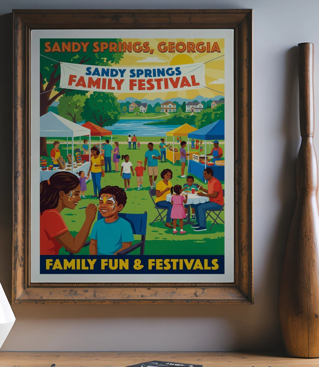 Poster of Sandy Springs, Georgia Family Festival with people enjoying activities and stalls.