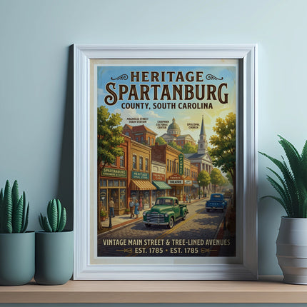Heritage Spartanburg County South Carolina vintage street scene with buildings and cars